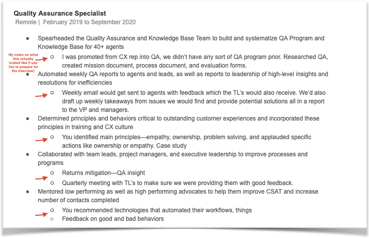 An example of a completed interview-prep sheet listing real stories to answer common questions