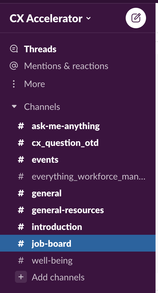 Screenshot of job openings shared in the CX Accelerator online community