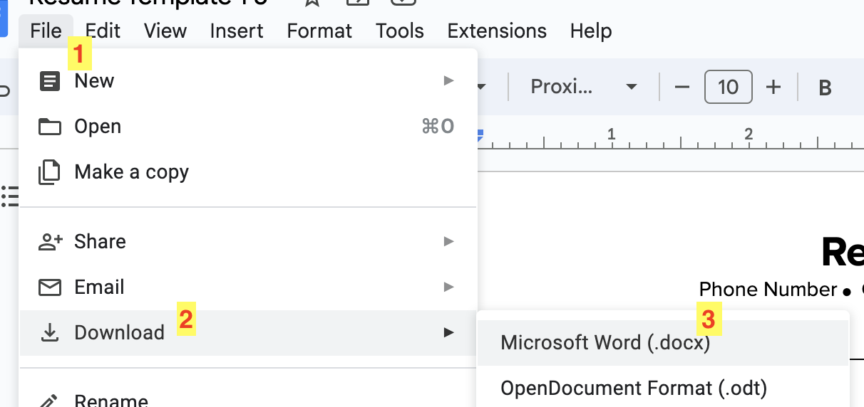 Google Docs menu showing File, then Download, then Microsoft Word (.docx) to export the resume