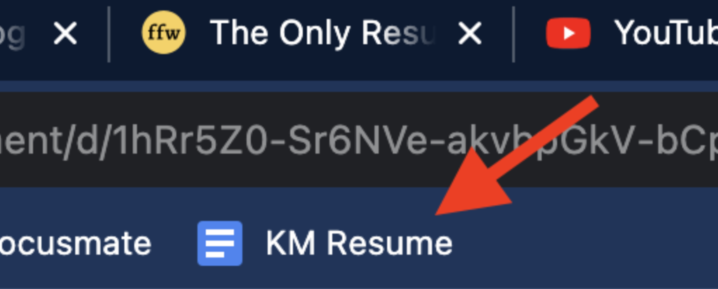 A resume Google Doc pinned to the browser bookmarks bar for quick one-click access